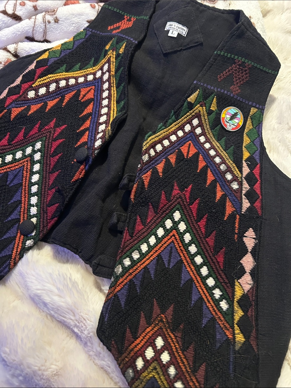 Embroidered Black Aztec Vest with Colorful Geometric Pattern & heady dead pin